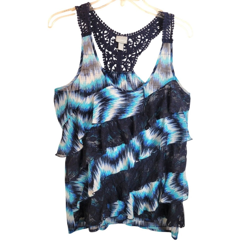 Vanity Tank Top Boho Crochet Racerback Ruffle Lace Blue Ikat Print Womens Size L